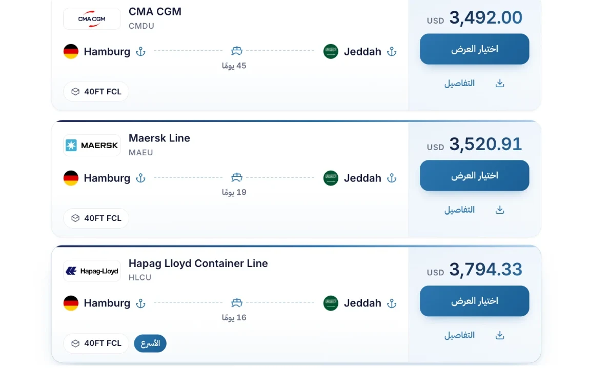عروض شحن فعلية لحاوية 40 قدم من هامبورغ إلى جدة في FREIGHTLX AI